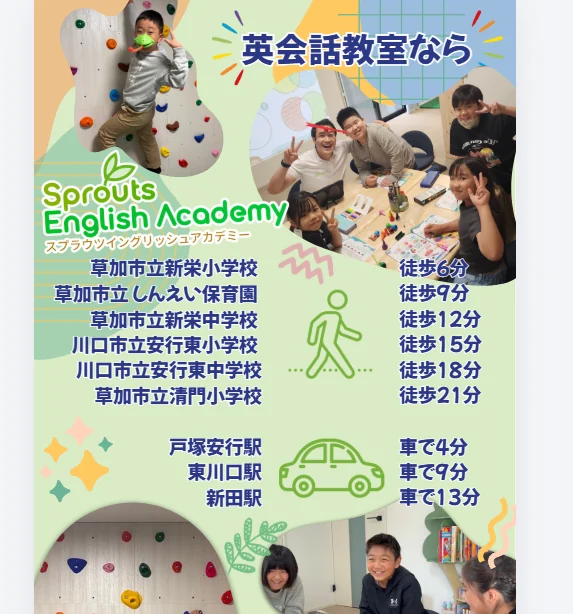 Sprouts English Academyから近隣の学校と戸塚安行・東川口・新田各駅までの目安を示すアクセス案内